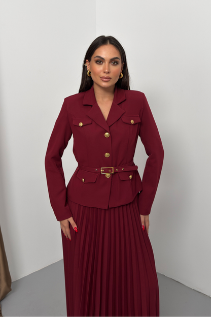 Kadın İkili Alt Üst Takım Şık Kemerli Cep ve Düğme Detaylı Kısa Blazer Ceket Piliseli Uzun Etek Takım