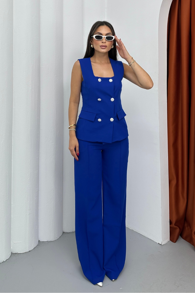 Kadın İkili Alt Üst Takım Şık Düğme Detaylı Kare Yaka Yelek Pantolon Takım