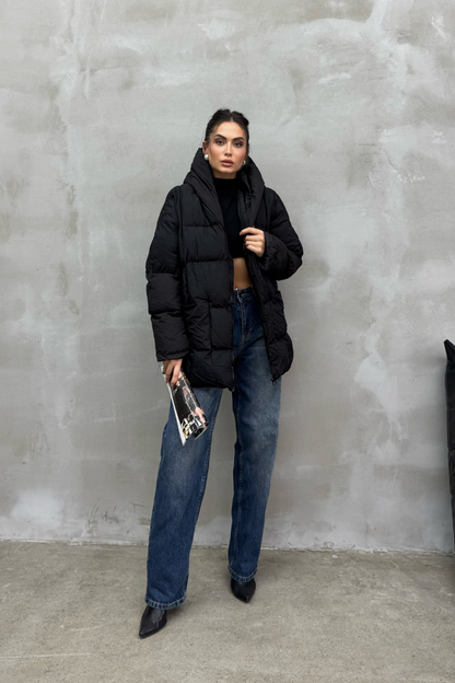 Kadın Kapüşonlu Yarasa Kollu Oversize Şişme Mont