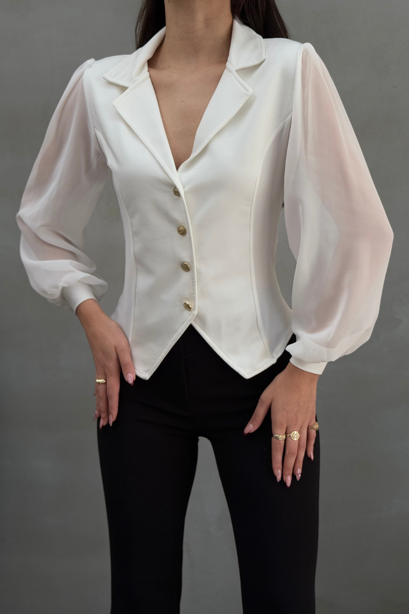 Kadın Gömlek Düğmeli Uzun Tül Kollu Ceket Yaka Bele Oturan Gömlek