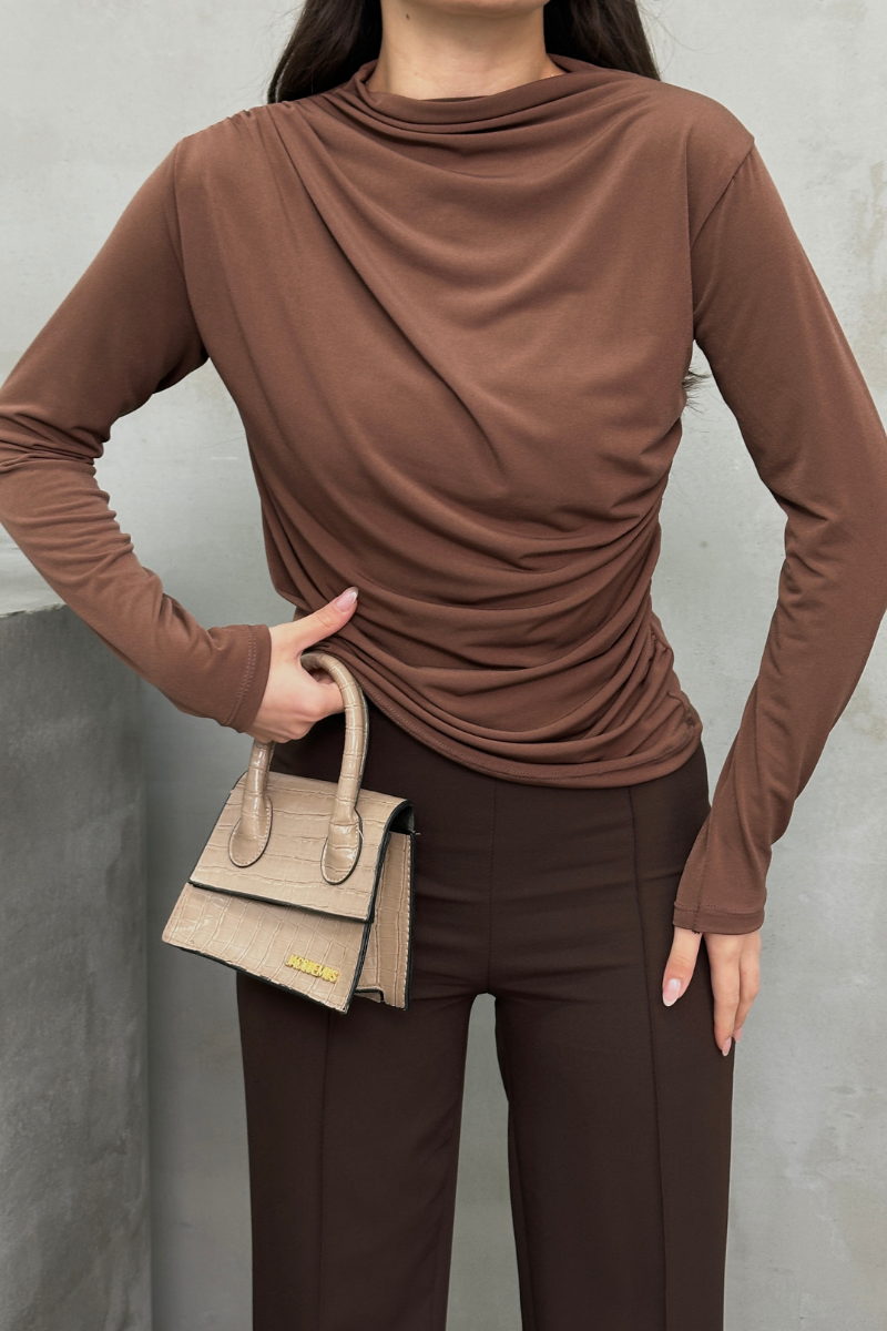 Kadın Bluz Drapeli Uzun Kollu Sandy Kumaş