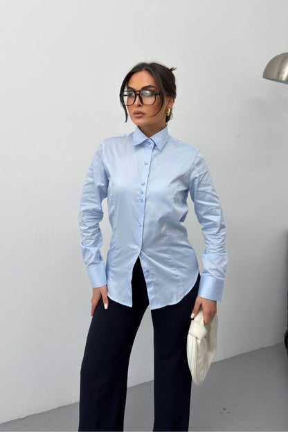 Kadın Gömlek %100 Pamuk Premium Saten Dokuma Uzun Kollu Düğmeli Kuplu Slim Fit Gömlek