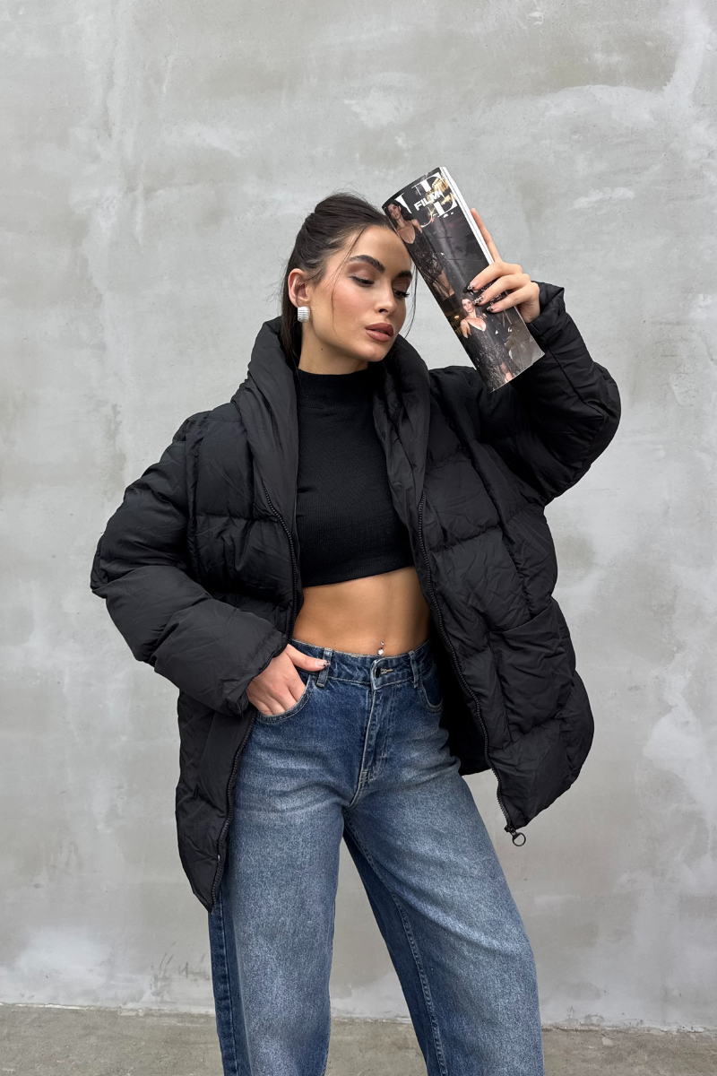 Kadın Kapüşonlu Yarasa Kollu Oversize Şişme Mont