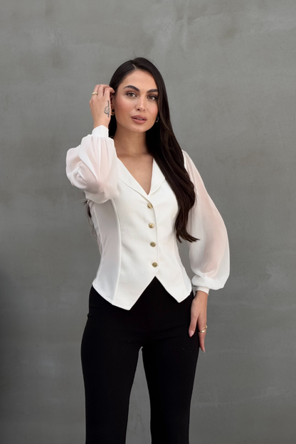 Kadın Gömlek Düğmeli Uzun Tül Kollu Ceket Yaka Bele Oturan Gömlek