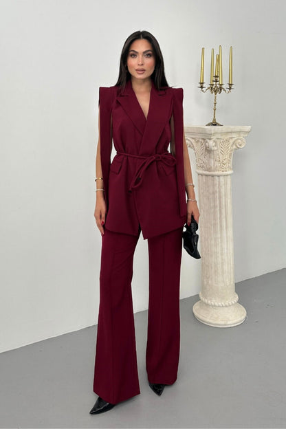 Kadın Alt Üst İkili Takım Omuz Detaylı Kuşaklı Yelek Pantolon Takım Bordo