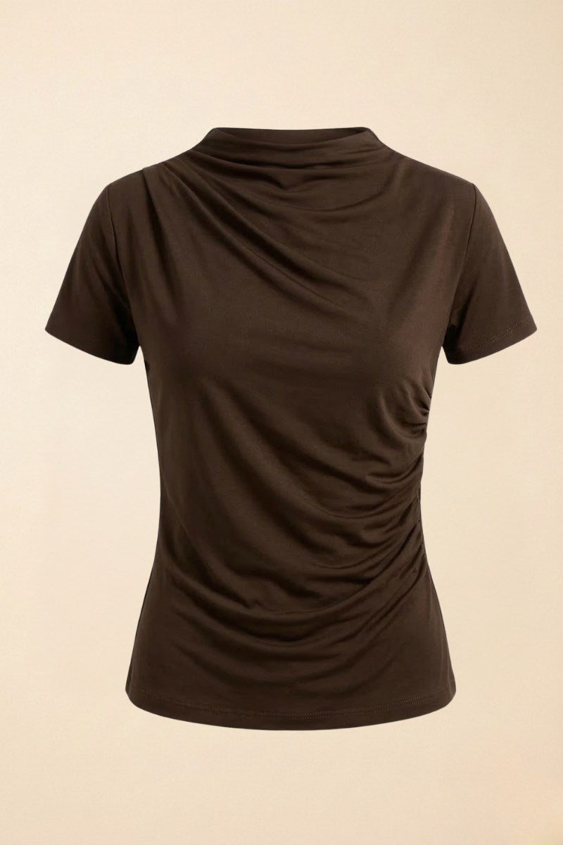 Kadın T-Shirt Kısa Kollu Drape Detaylı Yaka ve Beli Büzgülü Sandy Kumaş Likralı Bluz