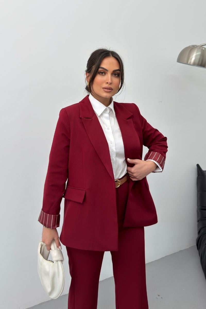 Kadın İkili Alt Üst Takım Kemerli Çizgili Astarlı Cep Detaylı Regular Blazer Ceket Pantolon Takım
