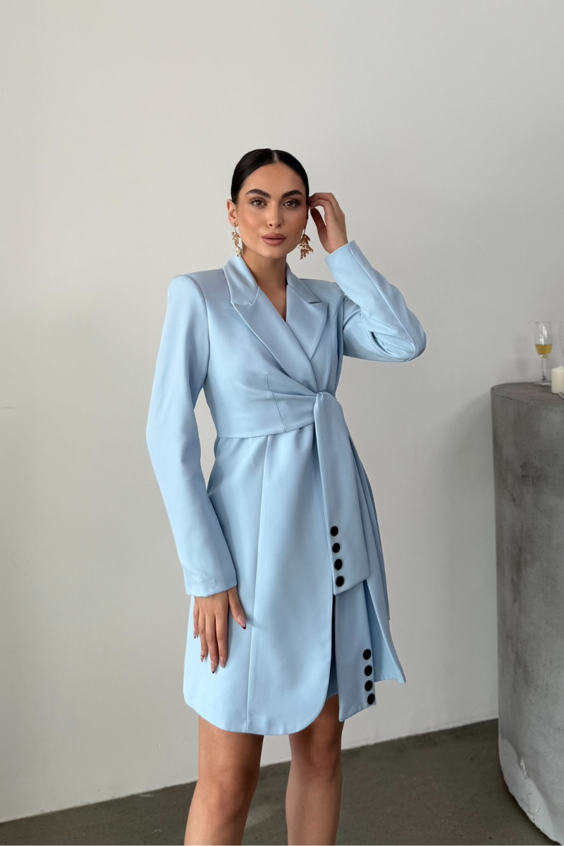 Kadın Elbise Mini Şık Uzun Kollu Kuşaklı Kruvaze Yaka Pileli Ceket Elbise