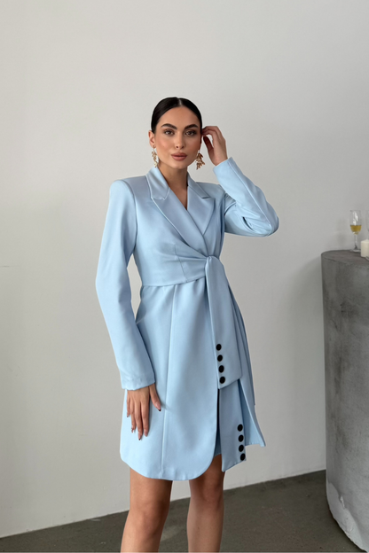 Kadın Elbise Mini Şık Uzun Kollu Kuşaklı Kruvaze Yaka Pileli Ceket Elbise