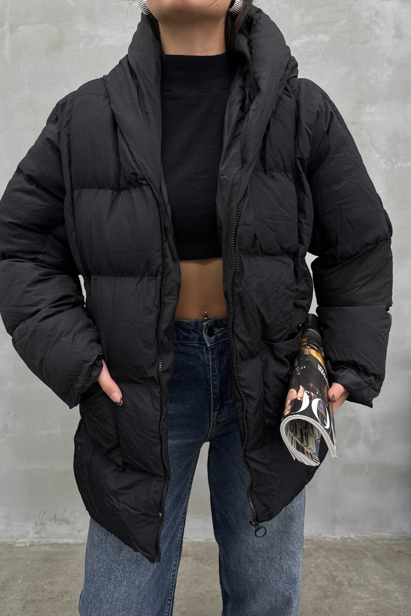 Kadın Kapüşonlu Yarasa Kollu Oversize Şişme Mont