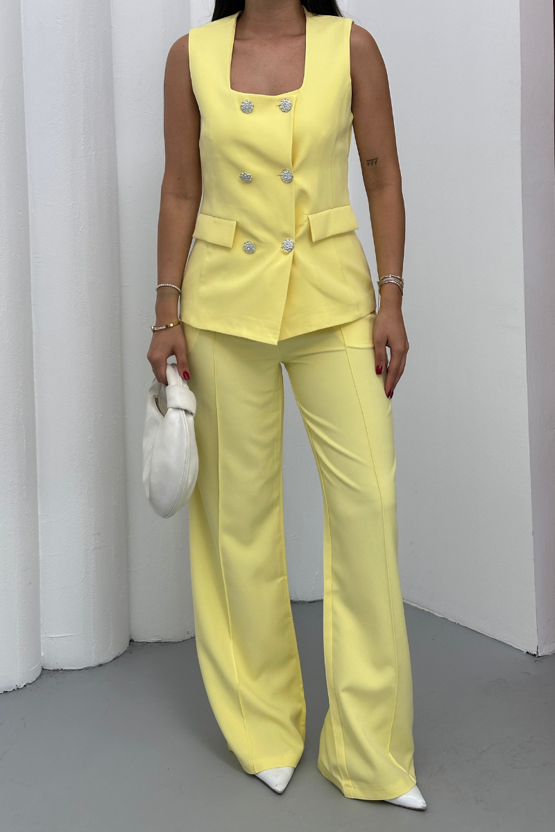 Kadın İkili Alt Üst Takım Şık Düğme Detaylı Kare Yaka Yelek Pantolon Takım