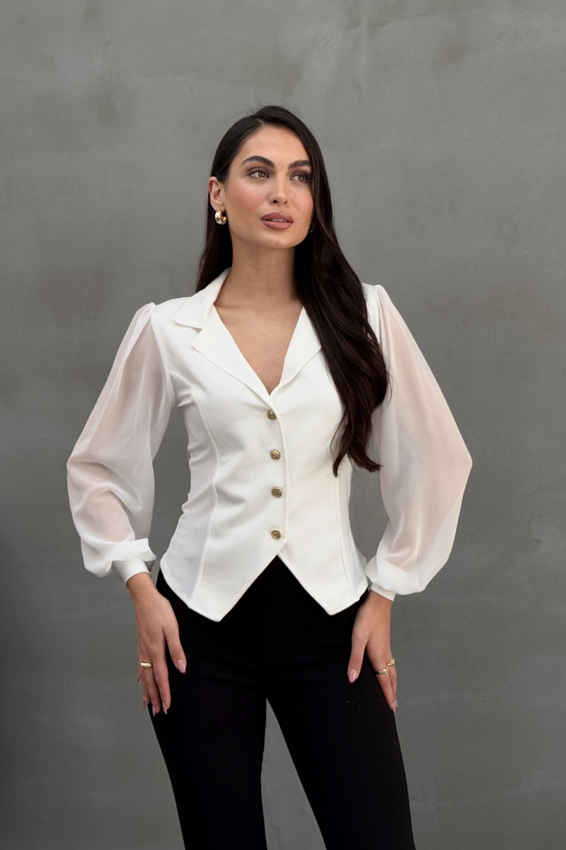 Kadın Gömlek Düğmeli Uzun Tül Kollu Ceket Yaka Bele Oturan Gömlek