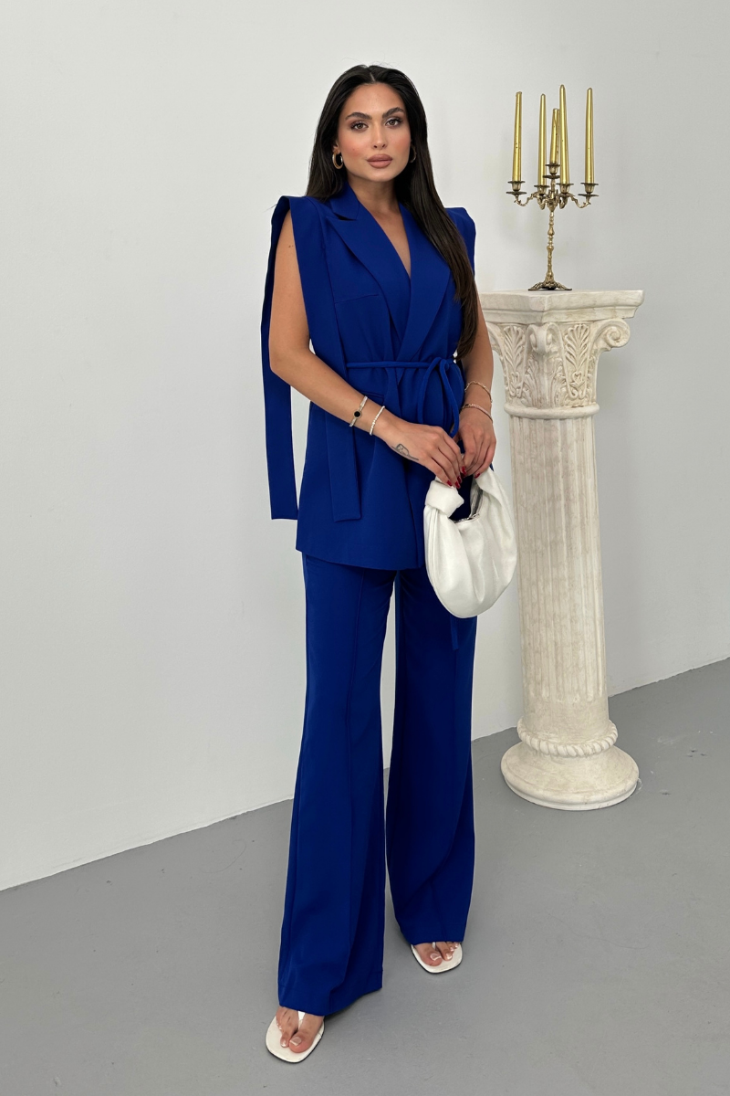 Kadın Alt Üst İkili Takım Omuz Detaylı Kuşaklı Yelek Pantolon Takım