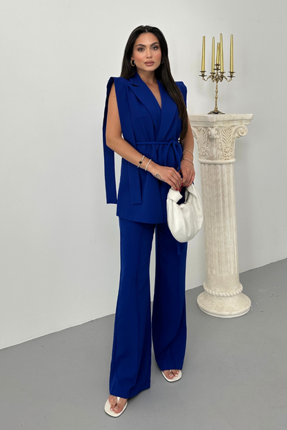 Kadın Alt Üst İkili Takım Omuz Detaylı Kuşaklı Yelek Pantolon Takım