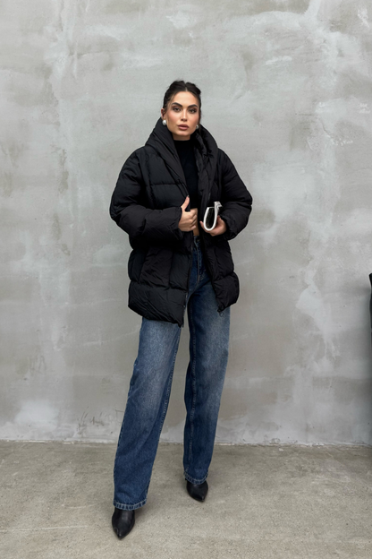 Kadın Kapüşonlu Yarasa Kollu Oversize Şişme Mont