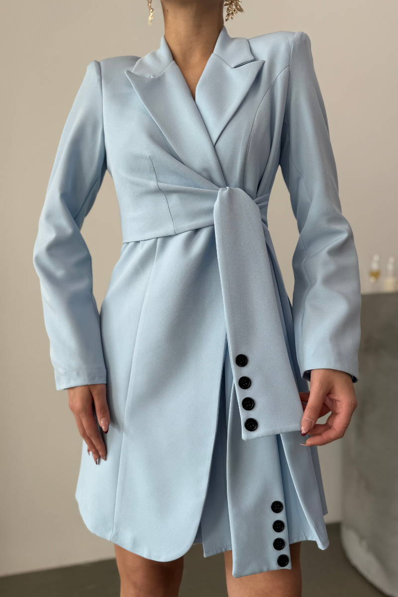 Kadın Elbise Mini Şık Uzun Kollu Kuşaklı Kruvaze Yaka Pileli Ceket Elbise