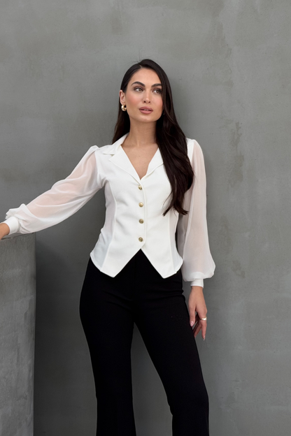 Kadın Gömlek Düğmeli Uzun Tül Kollu Ceket Yaka Bele Oturan Gömlek
