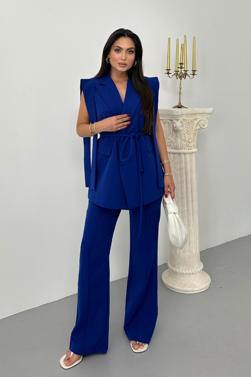 Kadın Alt Üst İkili Takım Omuz Detaylı Kuşaklı Yelek Pantolon Takım