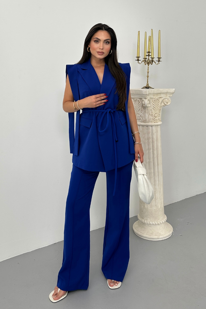Kadın Alt Üst İkili Takım Omuz Detaylı Kuşaklı Yelek Pantolon Takım