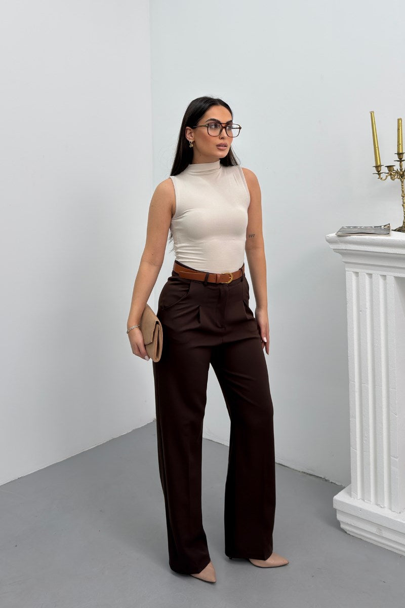 Kadın Pantolon Kemerli Pile Detaylı Çift Cepli Bol Paça Pantolon