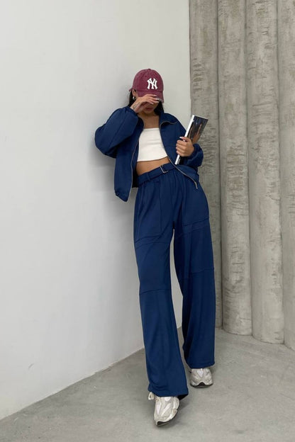 Kadın Eşofman Takımı Bol Paça Büyük Cepli Kemerli Soft Touch İkili Takım Lacivert