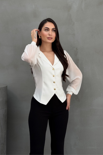 Kadın Gömlek Düğmeli Uzun Tül Kollu Ceket Yaka Bele Oturan Gömlek