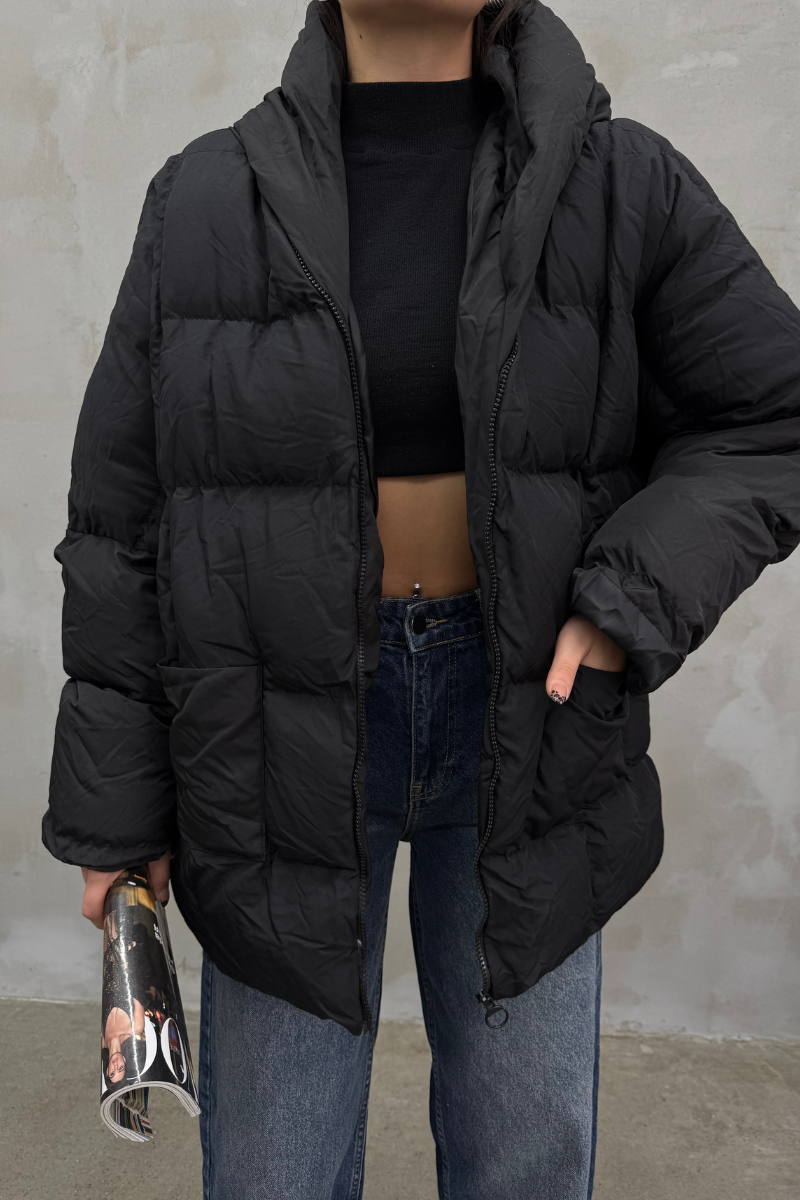 Kadın Kapüşonlu Yarasa Kollu Oversize Şişme Mont