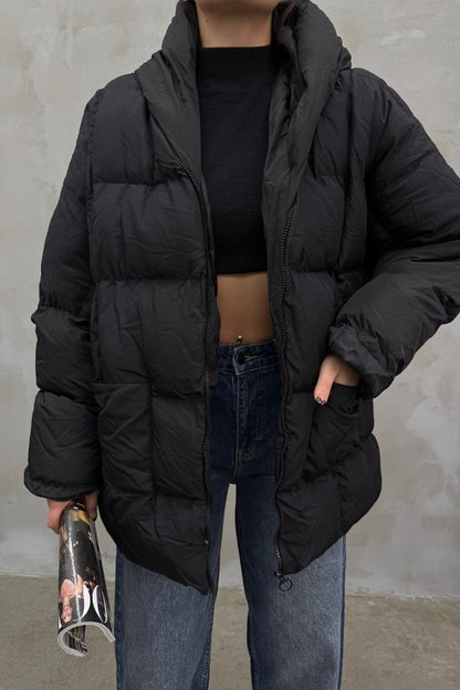 Kadın Kapüşonlu Yarasa Kollu Oversize Şişme Mont