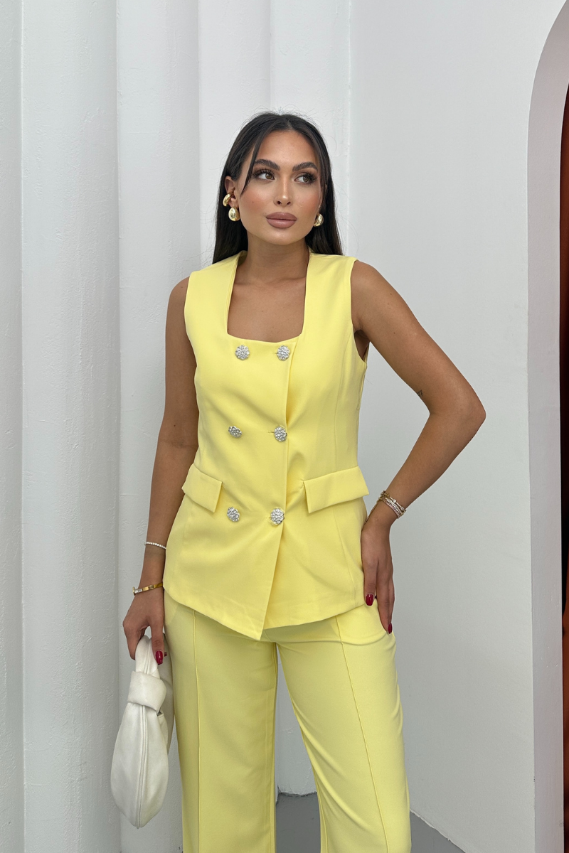 Kadın İkili Alt Üst Takım Şık Düğme Detaylı Kare Yaka Yelek Pantolon Takım