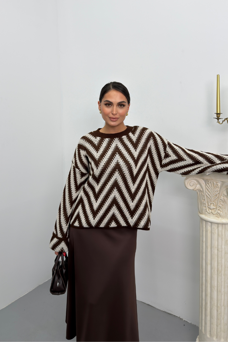 Kadın Kazak Örme Bisiklet Yaka Düşük Omuz Zikzak Desenli Kolu Katlama Detaylı Triko Kazak