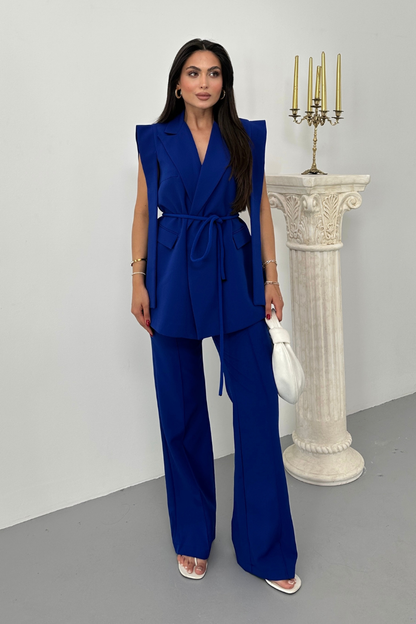 Kadın Alt Üst İkili Takım Omuz Detaylı Kuşaklı Yelek Pantolon Takım