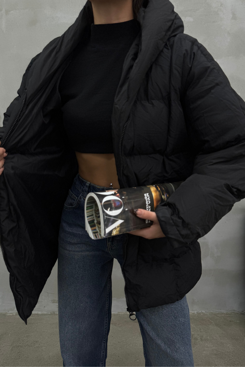 Kadın Kapüşonlu Yarasa Kollu Oversize Şişme Mont