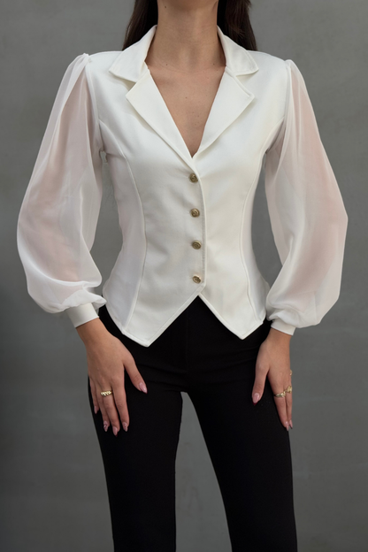 Kadın Gömlek Düğmeli Uzun Tül Kollu Ceket Yaka Bele Oturan Gömlek