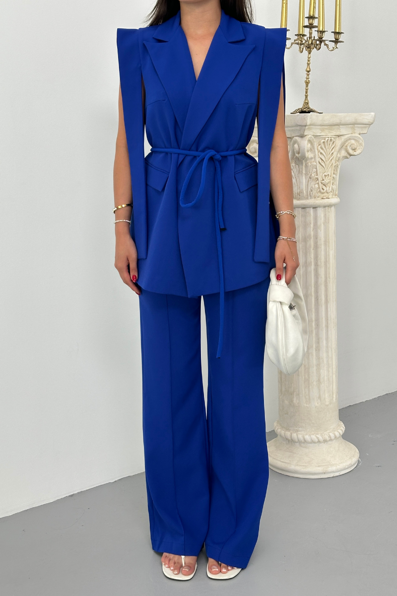 Kadın Alt Üst İkili Takım Omuz Detaylı Kuşaklı Yelek Pantolon Takım