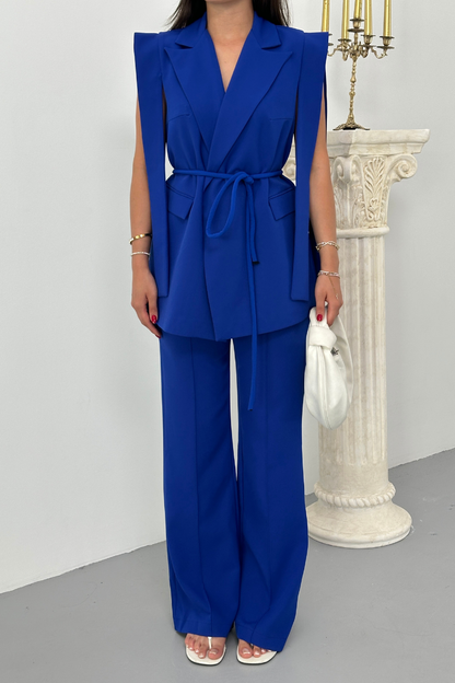 Kadın Alt Üst İkili Takım Omuz Detaylı Kuşaklı Yelek Pantolon Takım