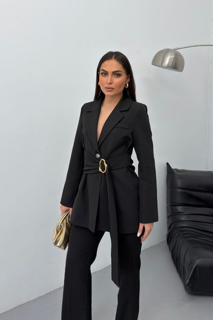 Kadın İkili Alt Üst Takım Şık Gold Tokalı Kuşaklı Blazer Ceket Bol Paça Pantolon Takım