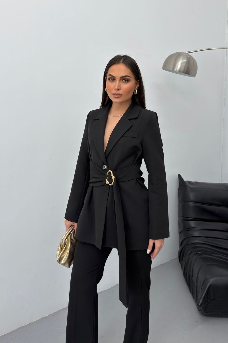 Kadın İkili Alt Üst Takım Şık Gold Tokalı Kuşaklı Blazer Ceket Bol Paça Pantolon Takım