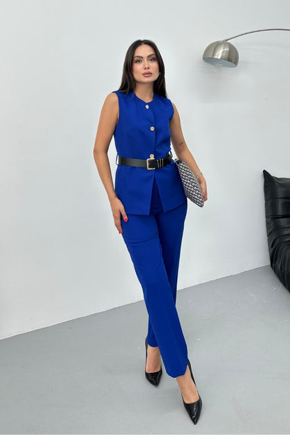 Kadın İkili Alt Üst Takım Şık Kemerli Düğme Detaylı Bisiklet Yaka Regular Yelek Pantolon Takım Saks Mavisi