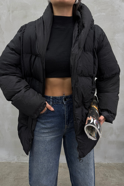 Kadın Kapüşonlu Yarasa Kollu Oversize Şişme Mont