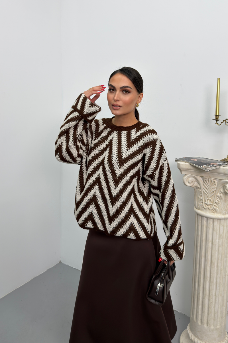 Kadın Kazak Örme Bisiklet Yaka Düşük Omuz Zikzak Desenli Kolu Katlama Detaylı Triko Kazak