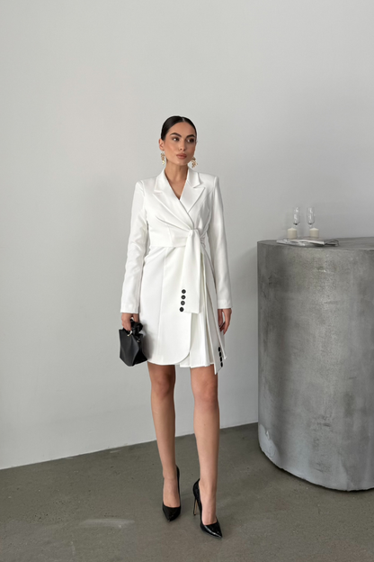 Kadın Elbise Mini Şık Uzun Kollu Kuşaklı Kruvaze Yaka Pileli Ceket Elbise