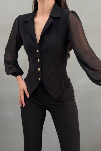 Kadın Gömlek Düğmeli Uzun Tül Kollu Ceket Yaka Bele Oturan Gömlek