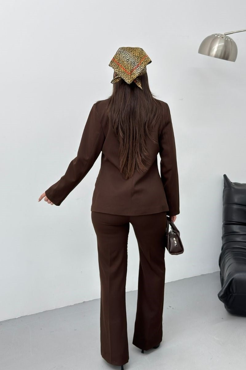 Kadın İkili Alt Üst Takım Şık Gold Düğmeli Fleto Cepli Blazer Ceket Bol Paça Pantolon Takım