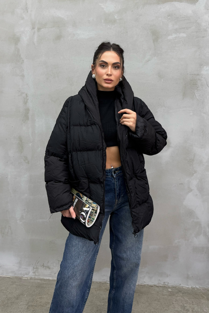 Kadın Kapüşonlu Yarasa Kollu Oversize Şişme Mont