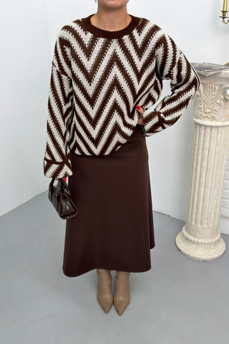 Kadın Kazak Örme Bisiklet Yaka Düşük Omuz Zikzak Desenli Kolu Katlama Detaylı Triko Kazak