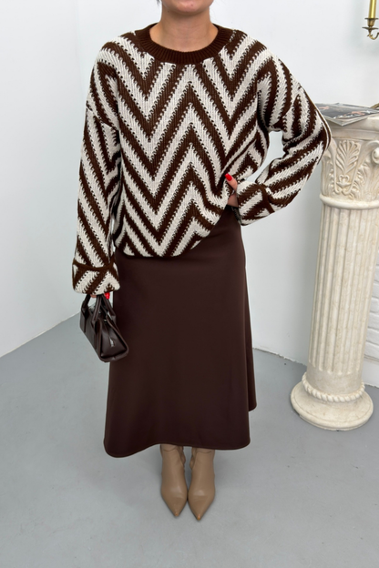 Kadın Kazak Örme Bisiklet Yaka Düşük Omuz Zikzak Desenli Kolu Katlama Detaylı Triko Kazak