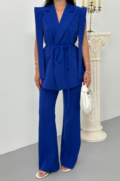 Kadın Alt Üst İkili Takım Omuz Detaylı Kuşaklı Yelek Pantolon Takım
