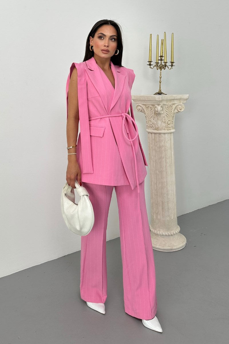 Kadın Alt Üst İkili Takım Çizgili Omuz Detaylı Kuşaklı Yelek Pantolon Takım