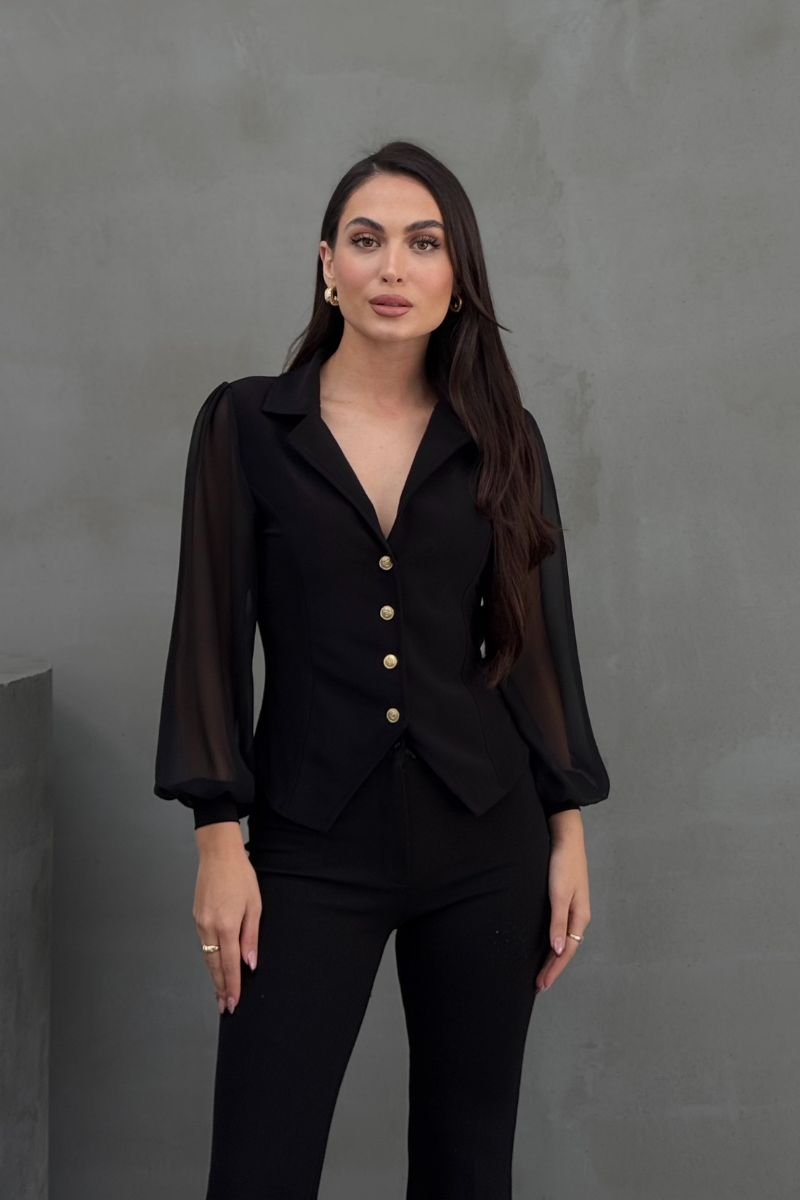 Kadın Gömlek Düğmeli Uzun Tül Kollu Ceket Yaka Bele Oturan Gömlek