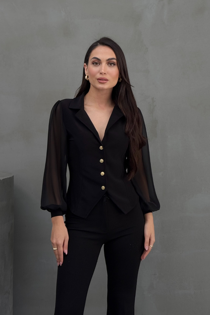 Kadın Gömlek Düğmeli Uzun Tül Kollu Ceket Yaka Bele Oturan Gömlek